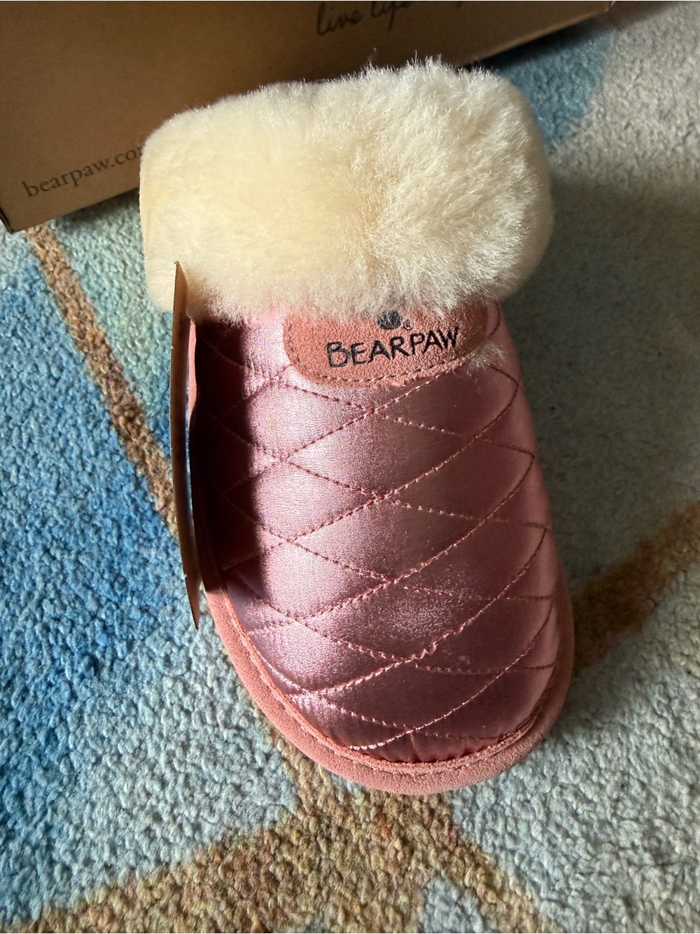 BearPaw Quilted Pink Satin Clog with Cream Shearling Cuff